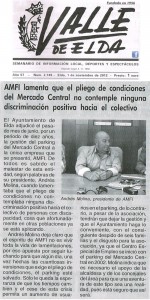 Valle de Elda 1 de noviembre de 2012 AMFI lamenta que el pliego de condiciones del Mercado Central no contemple ninguna discriminación positiva hacia el colectivo