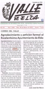 Valle de Elda, 28 de febrero de 2014: Correo del Valle. Agradecimiento y petición formal al Excelentísimo Ayuntamiento de Elda