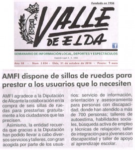 Valle de Elda 31 de octubre de 2014 AMFI dispone de sillas de ruedas para prestar a los usuarios que lo necesiten