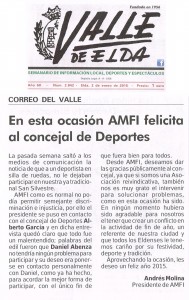 Correo del Valle. Por Andrés Molina Presidente de AMFI En esta ocasión AMFI felicita al concejal de Deportes