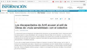 diarioinformacion.com 19 de mayo de 2015 Los discapacitados de Amfi acusan al edil de Obras de «nula sensibilidad» con el colectivo
