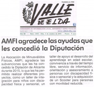 Publicado en Valle de Elda, 2 de octubre de 2015 AMFI agradece las ayudas que le concedió la Diputación