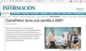 diarioinformacion.com 5 de mayo de 2016 CaixaPetrer dona una camilla a AMFI