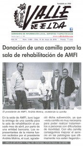 Valle de Elda edición impresa. 13 de mayo de 2016 Donación de una camilla para la sala de rehabilitación de AMFI. 