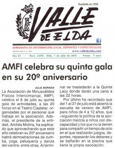 Valle de Elda, edición impresa. 1 de julio de 2016 AMFI celebra su V Gala en su 20º aniversario
