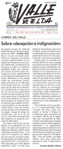 Valle de Elda, 13 de enero de 2017 Correo del Valle. Sobre "Decepción e indignación"