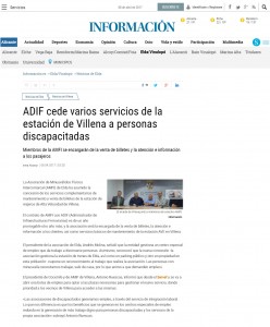 ADIF cede varios servicios de la estación de Villena a personas discapacitadas Miembros de la AMFI se encargarán de la venta de billetes y la atención e información a los pasajeros